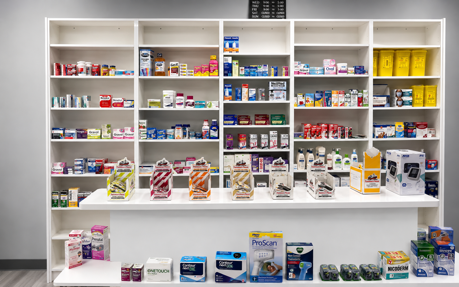 Stocked pharmacy shelves
