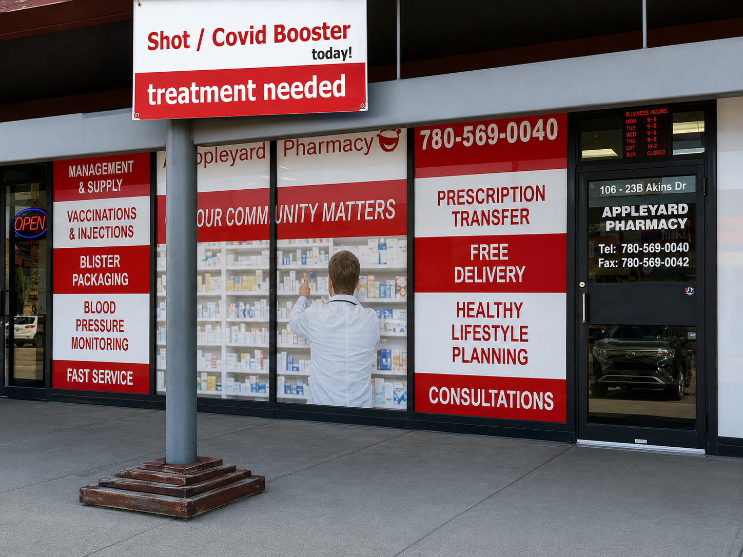 Pharmacy windows showing services offered